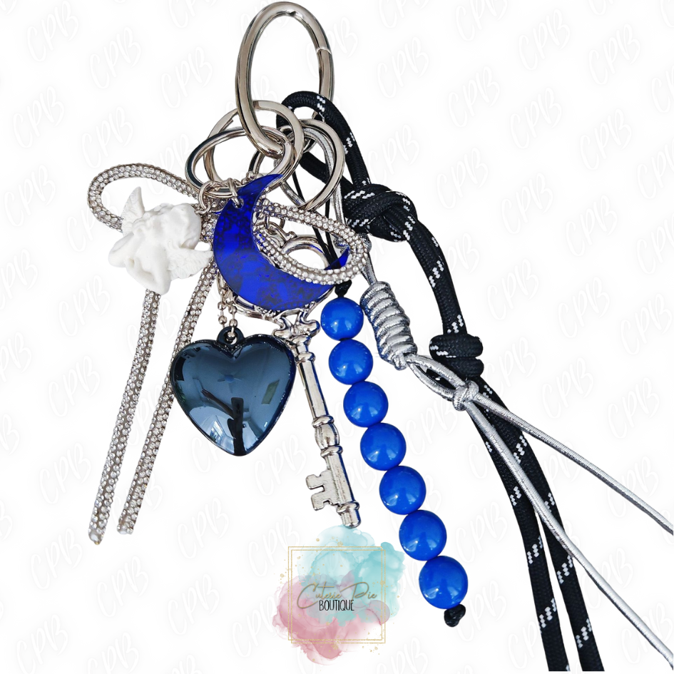 Bag Charm / Keychain - MULTI LAYER Blue/Silver w/ Heart, Key, Moon and Bow