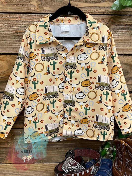 Western Wagon Long Sleeve Button Up
