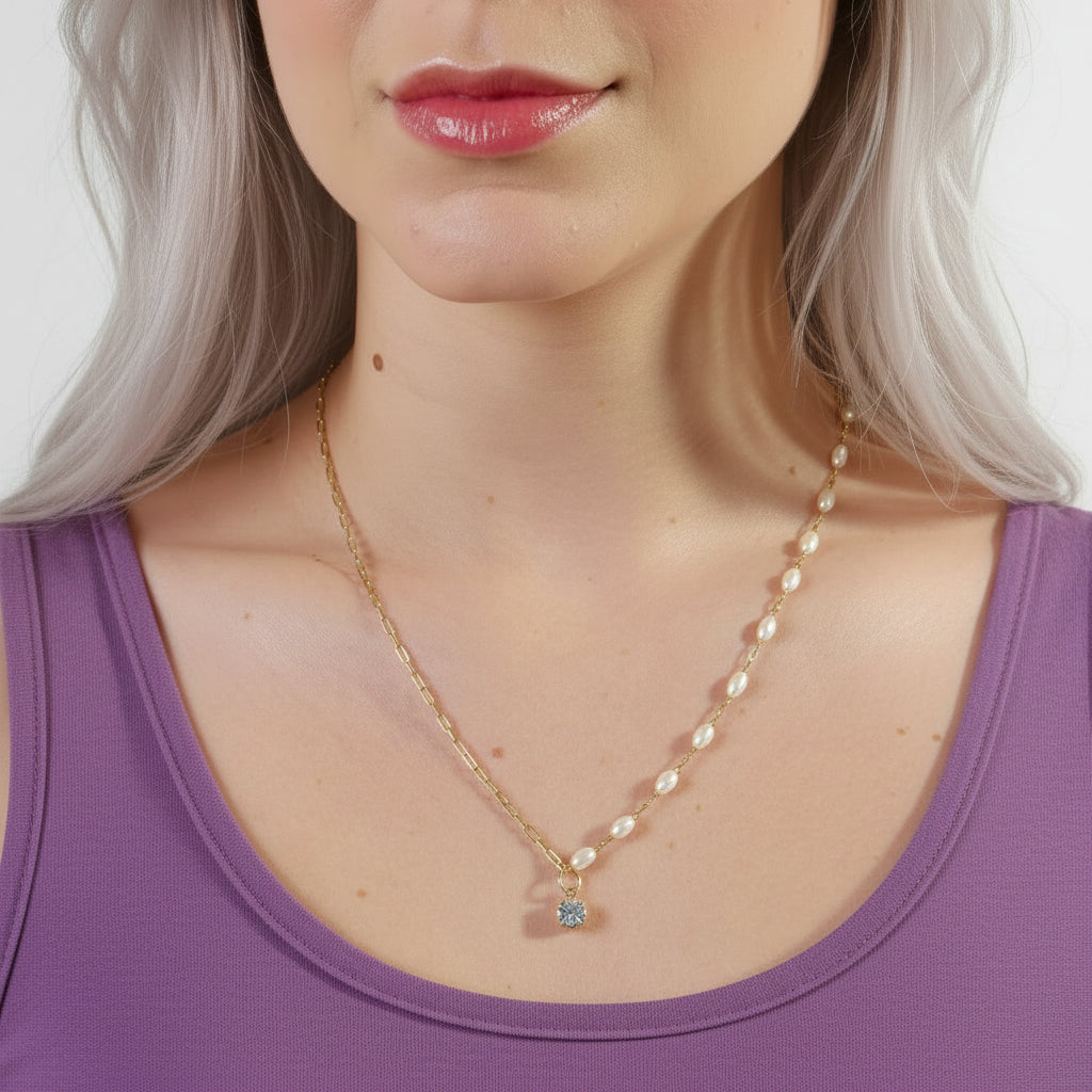 GOLD FILLED - NECKLACE - CUTESIE OVAL PEARL + PAPERCLIP W/ CZ CHARM