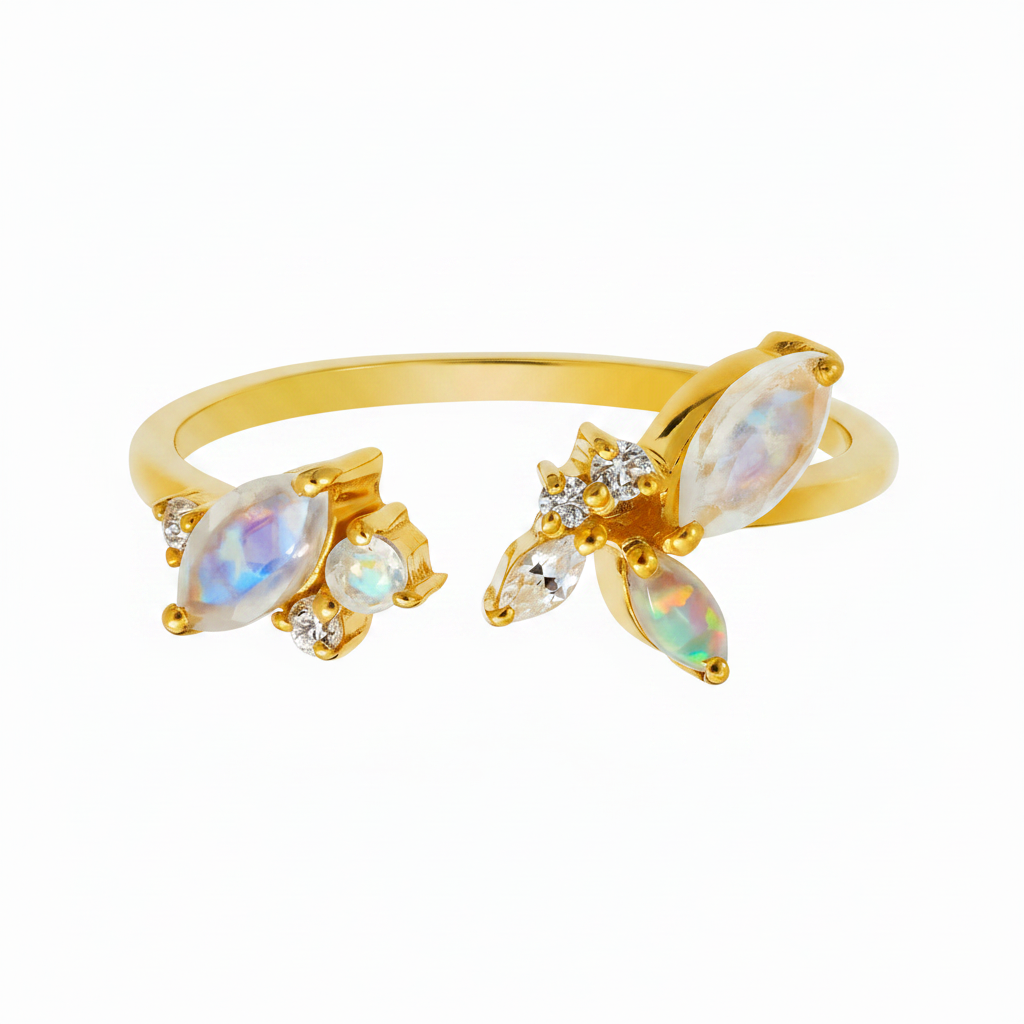 GOLD VERMEIL - RING - CLUSTER RAINBOW OPAL, MOONSTONE BLING