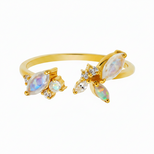GOLD VERMEIL - RING - CLUSTER RAINBOW OPAL, MOONSTONE BLING