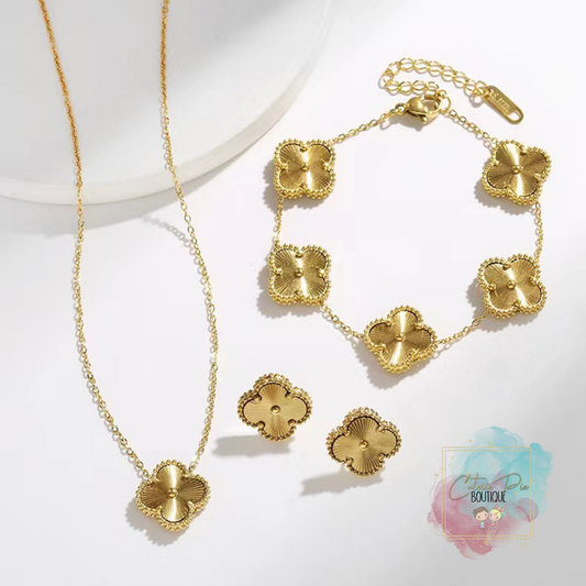 GOLD Clover Jewelry in Steel Gold Plated - Earring / Bracelet / Necklace / SET