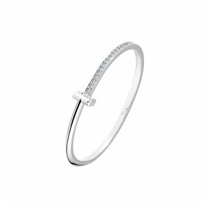 Premium T Bangle Bracelet | 3MM Half Pavé CZ | 18K Gold PVD | Hidden Hinge Closure