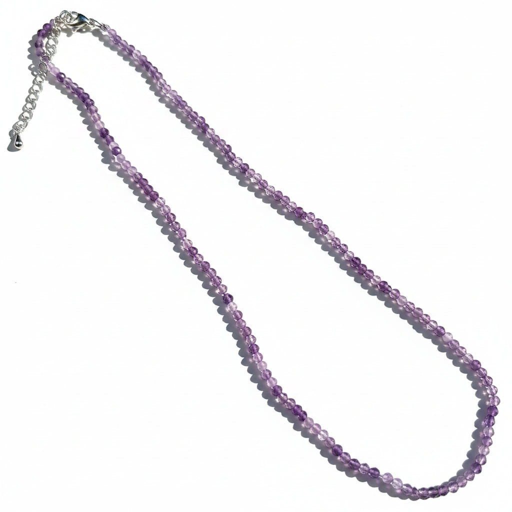 Natural Amethyst Necklace | 2mm Faceted Crystal Beads | Stainless Steel