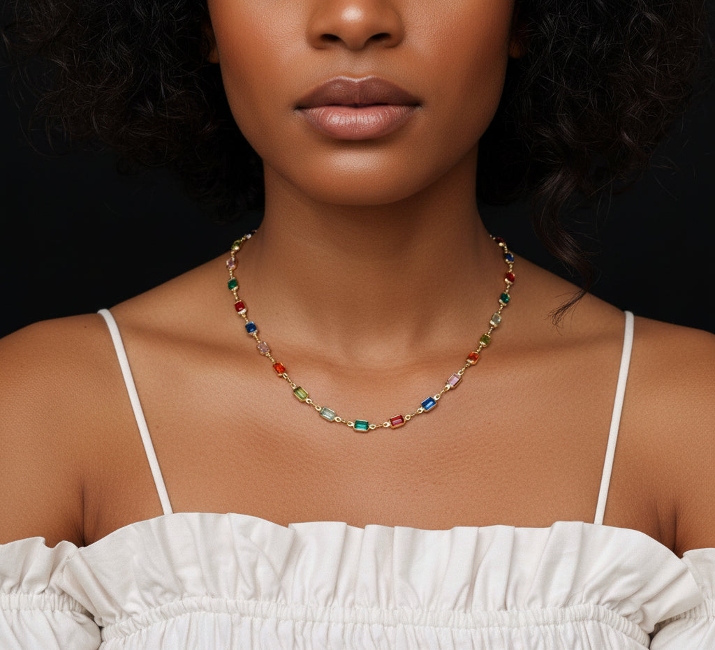 GOLD FILLED - NECKLACE - MULTICOLOR EMERALD-CUT 5MM