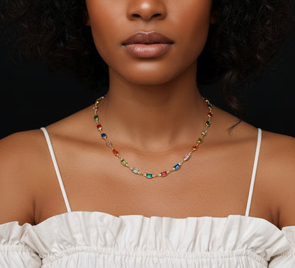 GOLD FILLED - NECKLACE - MULTICOLOR EMERALD-CUT 5MM