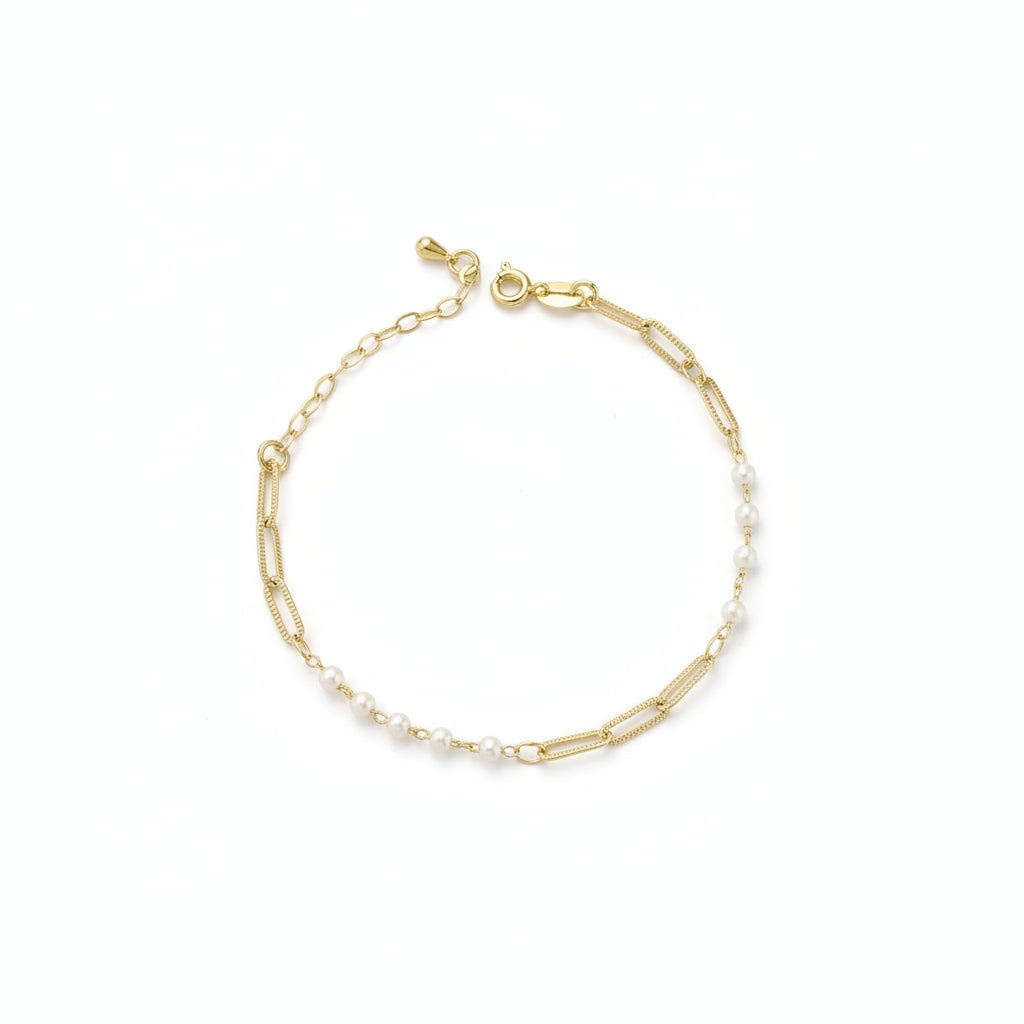 GOLD FILLED - BRACELET - PEARLS + PAPERCLIP DIAMOND CUT
