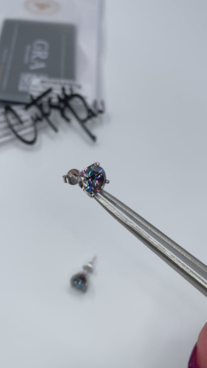 Color Moissanite Round Stud Earrings | Blue | 8MM | 2.0CT Each (4.0CT Total) | 950 Platinum-Plated Sterling Silver | Certificate Included