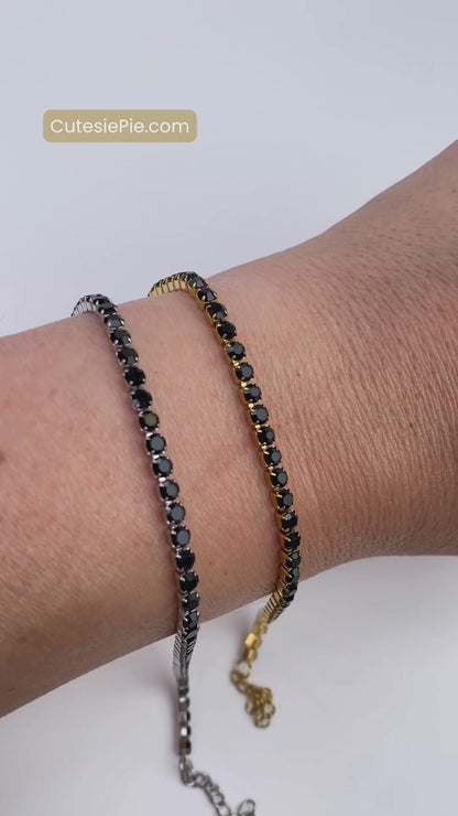 Round Tennis Bracelet 3MM  | Black Rhinestone | 18K Gold PVD or Steel | 316L Stainless Steel