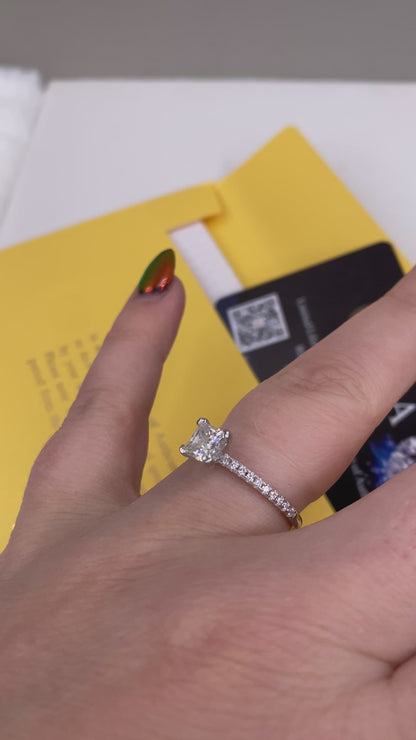 Moissanite Princess Solitaire w/ Pave Ring 5.5x5.5MM 1.0CT | 950 Platinum over Sterling Silver | Silver | Certificate Included