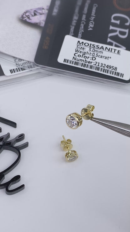 Moissanite Round Bezel Stud Earrings | 0.5CT Each (1.0CT Total) | 18K Gold-Plated Sterling Silver | Certificate Included