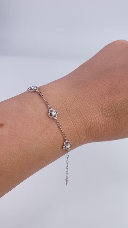 Moissanite Dainty Floral Halo Paperclip Bracelet | 950 Platinum-Plated Sterling Silver | No Certificate