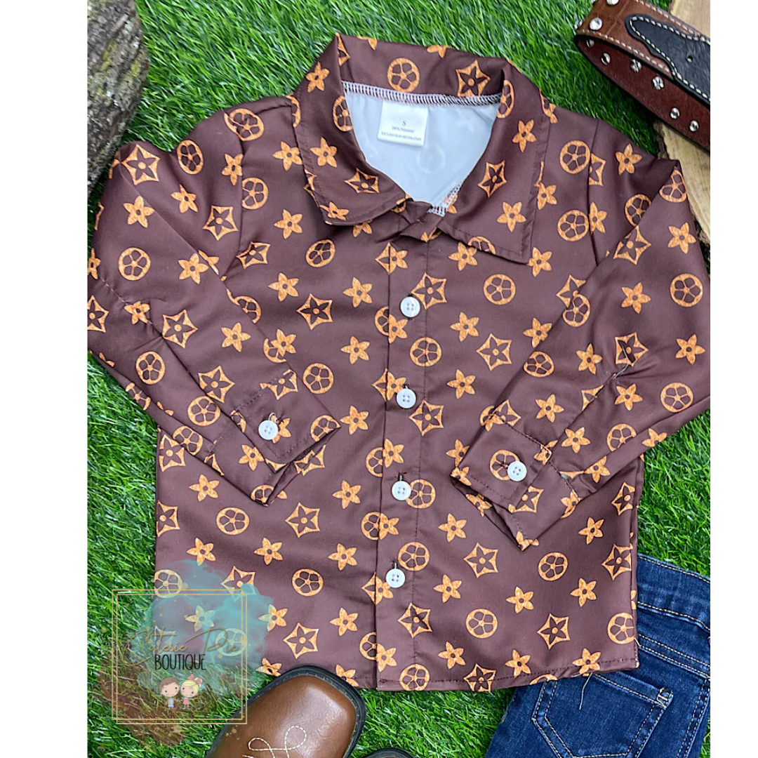Brown Star Print Button-Up Shirt | Baby Boutique Clothing