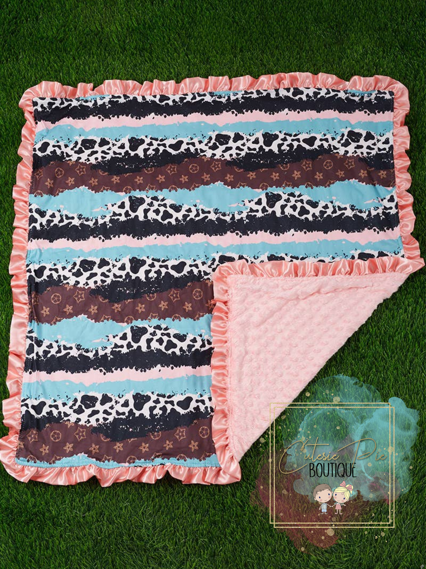 Baby Blanket - Multi Print w/ Pink Ruffle