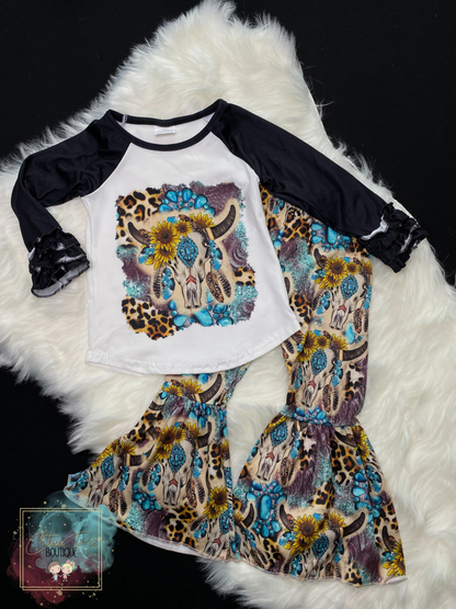 Girls Turquoise Western Skull 2PC SET - Ruffle Sleeve Top & Flare Pant