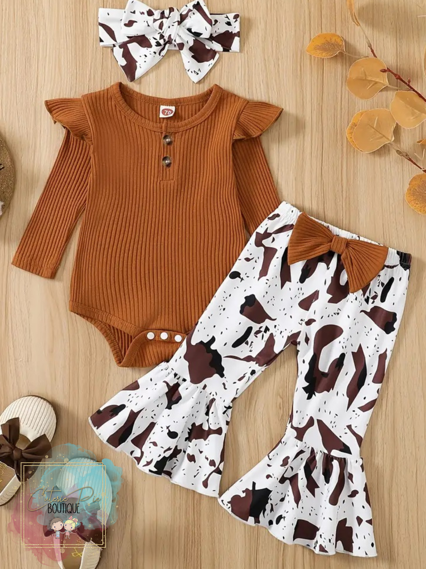 Baby Girls Onesie and Flare Pant 3PC SET - Cow Print