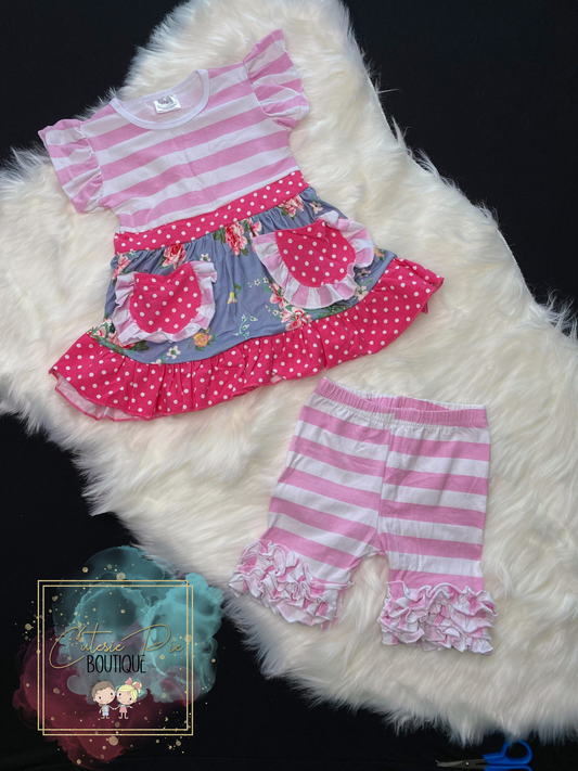 Floral Stripe Tunic & Ruffle Shorts Set