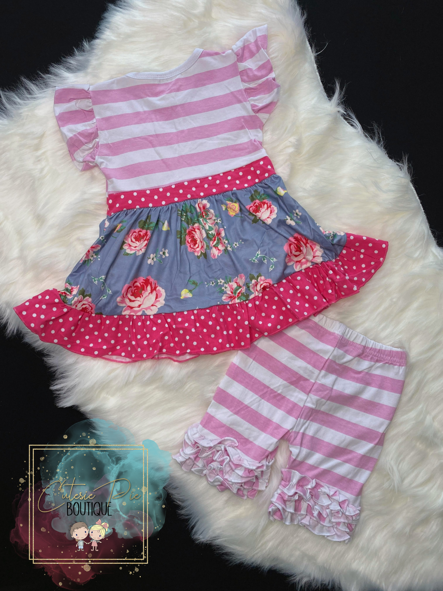 Floral Stripe Tunic & Ruffle Shorts Set