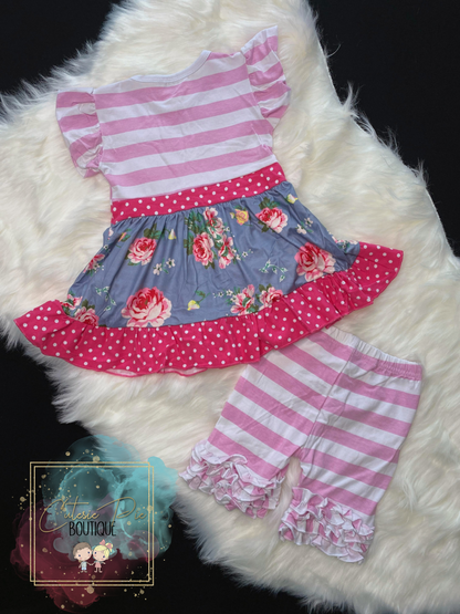 Floral Stripe Tunic & Ruffle Shorts Set
