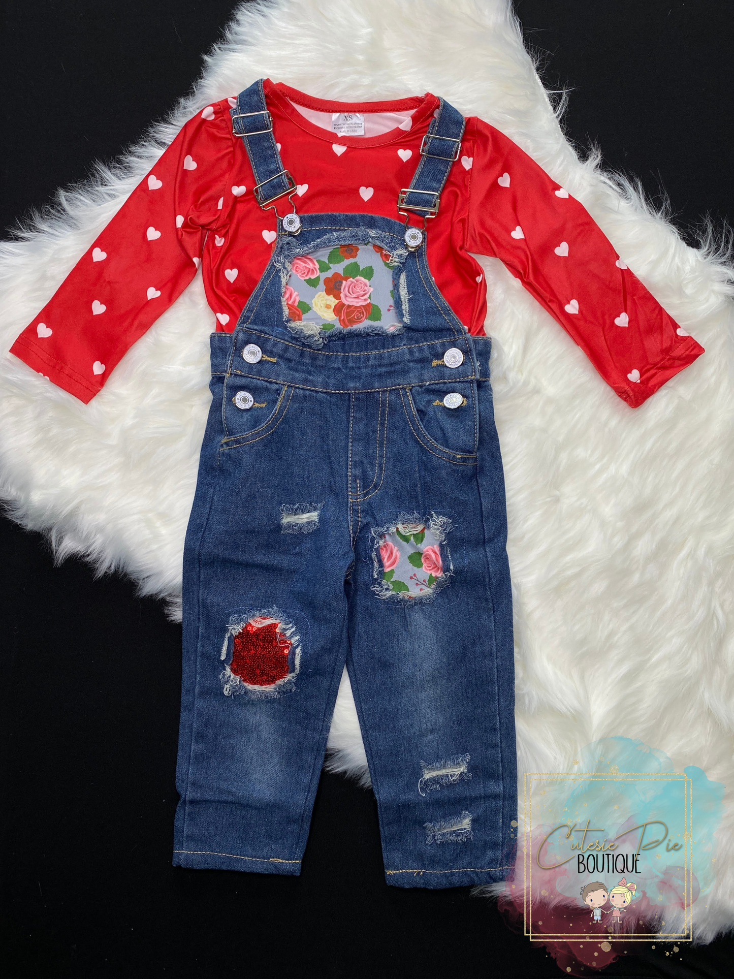 Girls Floral & Heart Overalls 2PC SET