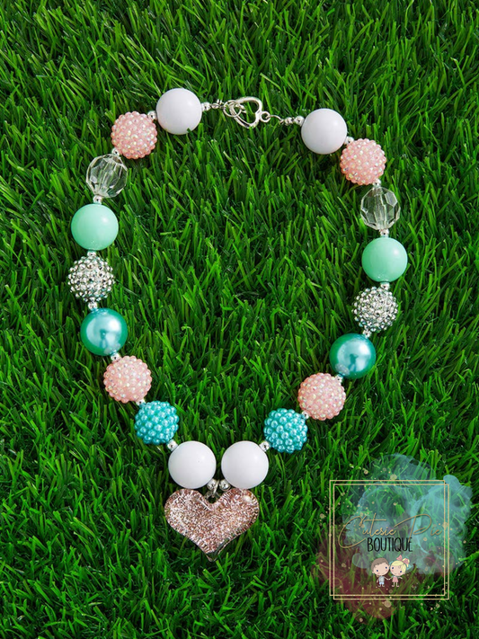 Chunky Bead Necklace - Multi w/ Light Pink Heart