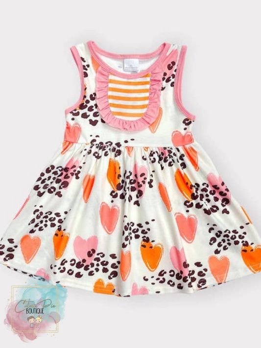 Girls Dress Cream w/ Hearts, Leopard & Ruffle Bib