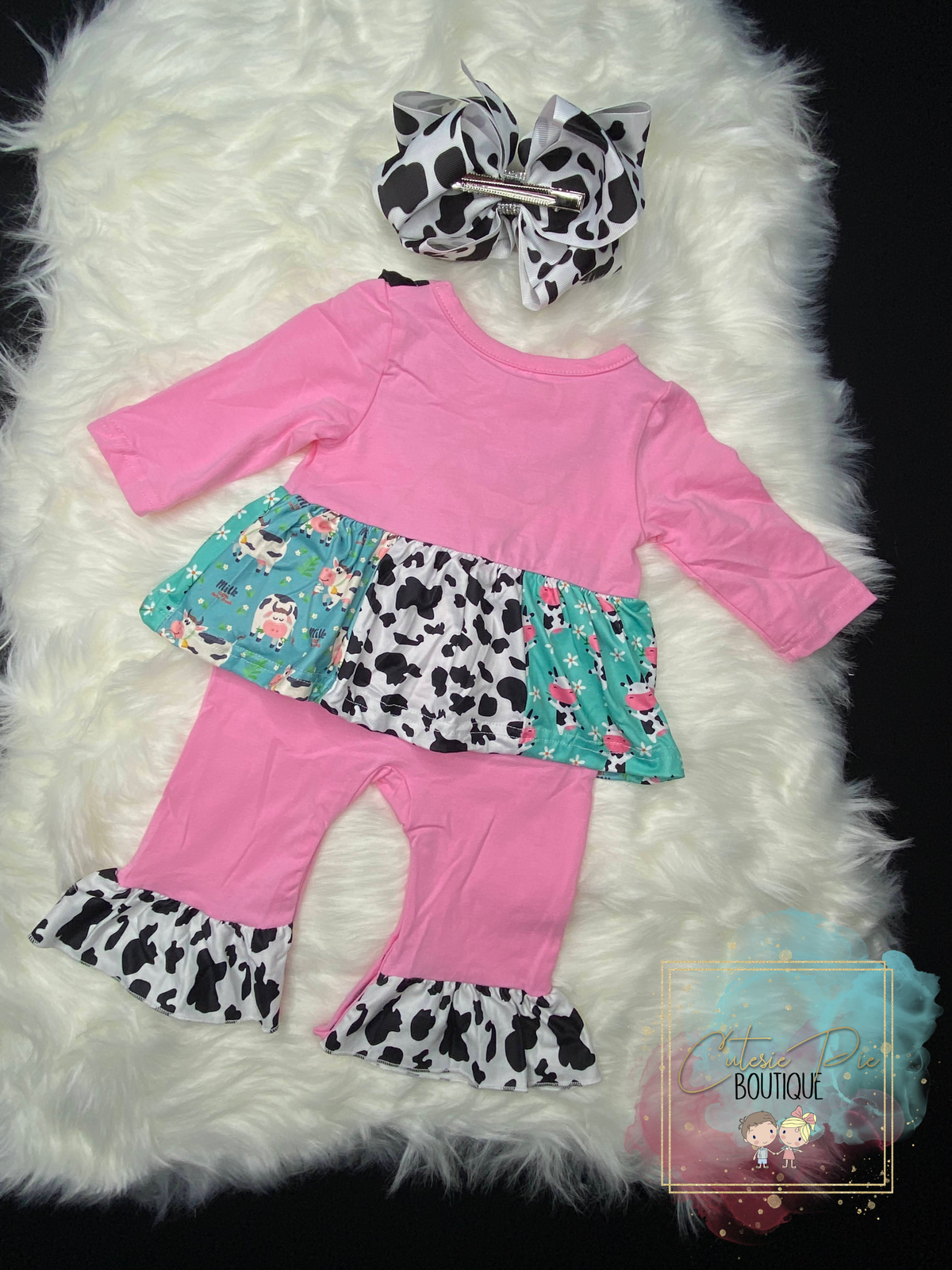 Moo-velous Cutesie | Cow Print Ruffle Romper + Hair Bow Set