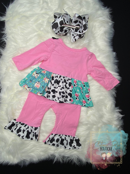 Moo-velous Cutesie | Cow Print Ruffle Romper + Hair Bow Set