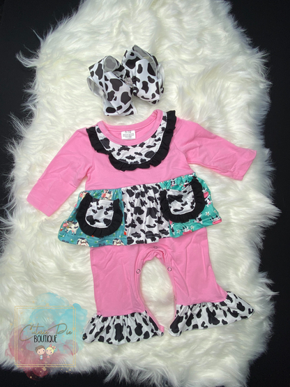 Moo-velous Cutesie | Cow Print Ruffle Romper + Hair Bow Set