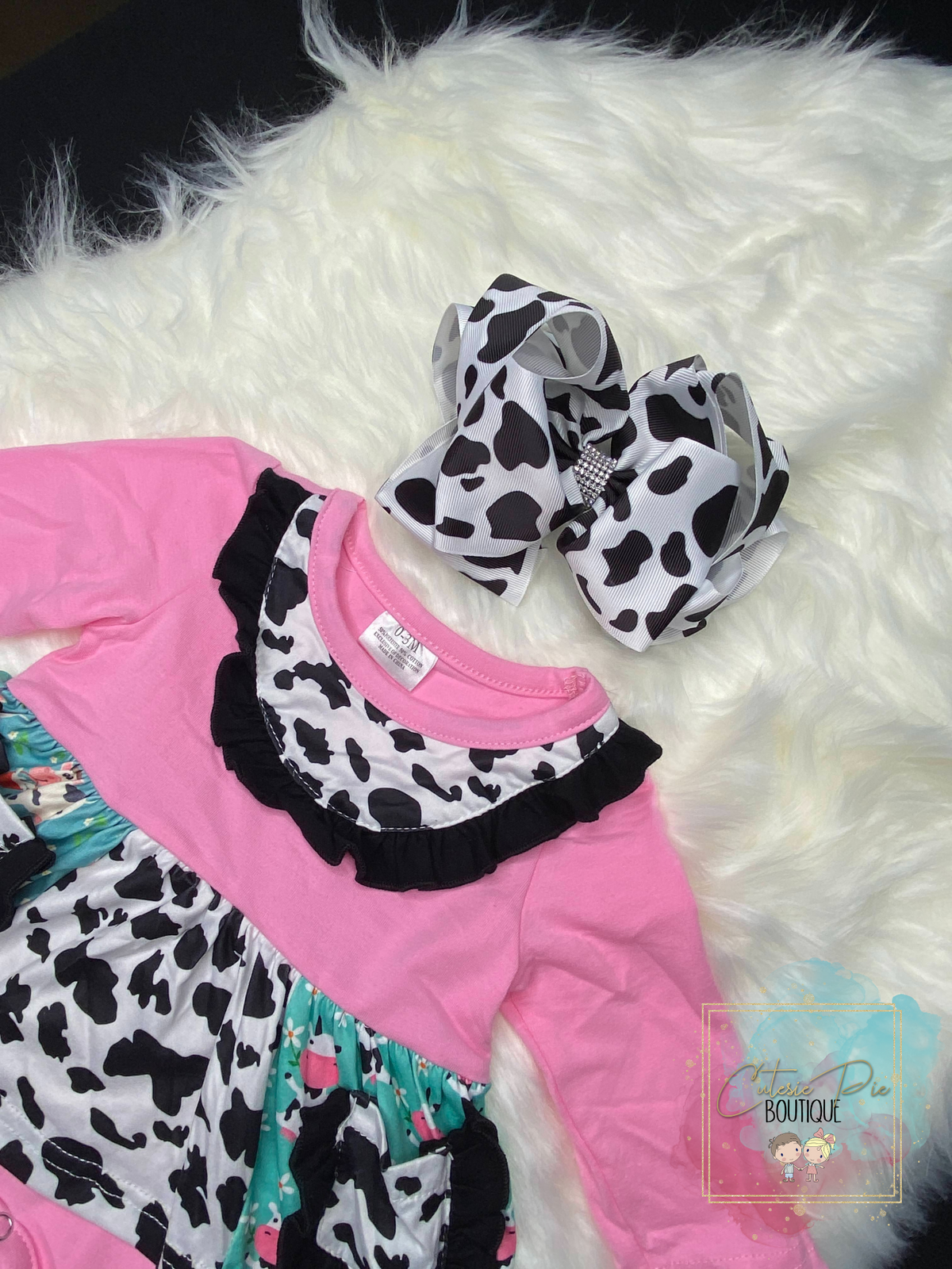Moo-velous Cutesie | Cow Print Ruffle Romper + Hair Bow Set