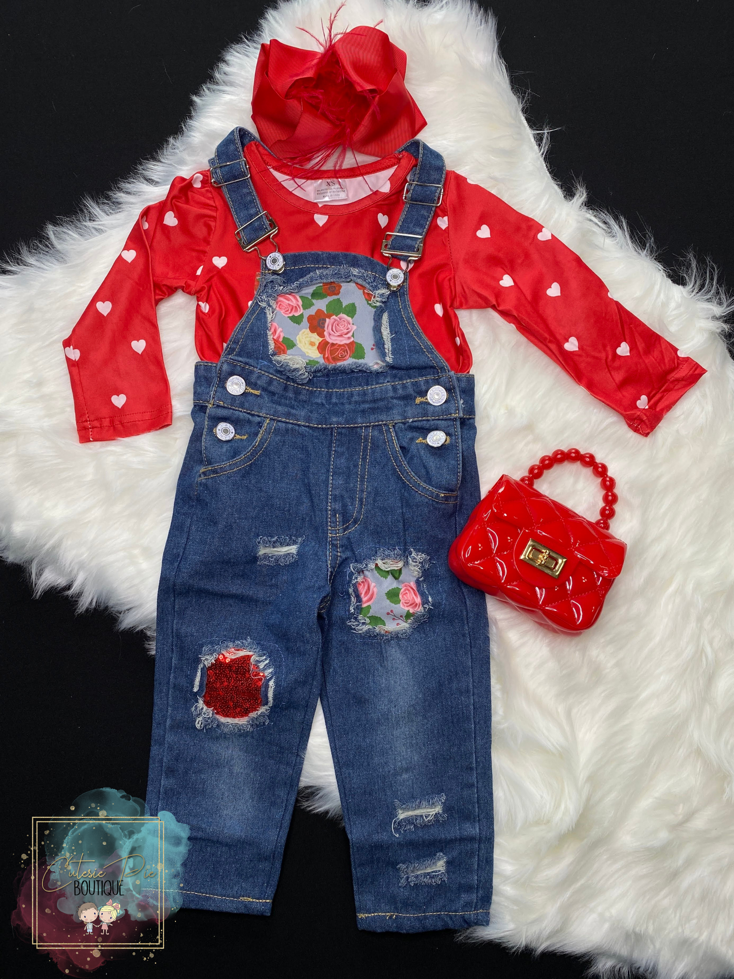 Girls Floral & Heart Overalls 2PC SET
