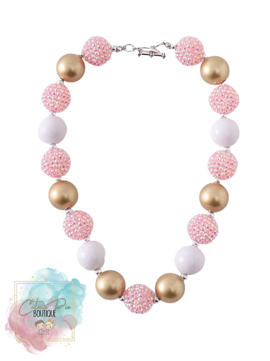 Chunky Bead Necklace - Pink, Gold & White