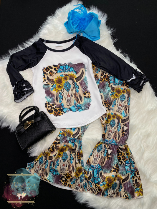 Girls Turquoise Western Skull 2PC SET - Ruffle Sleeve Top & Flare Pant