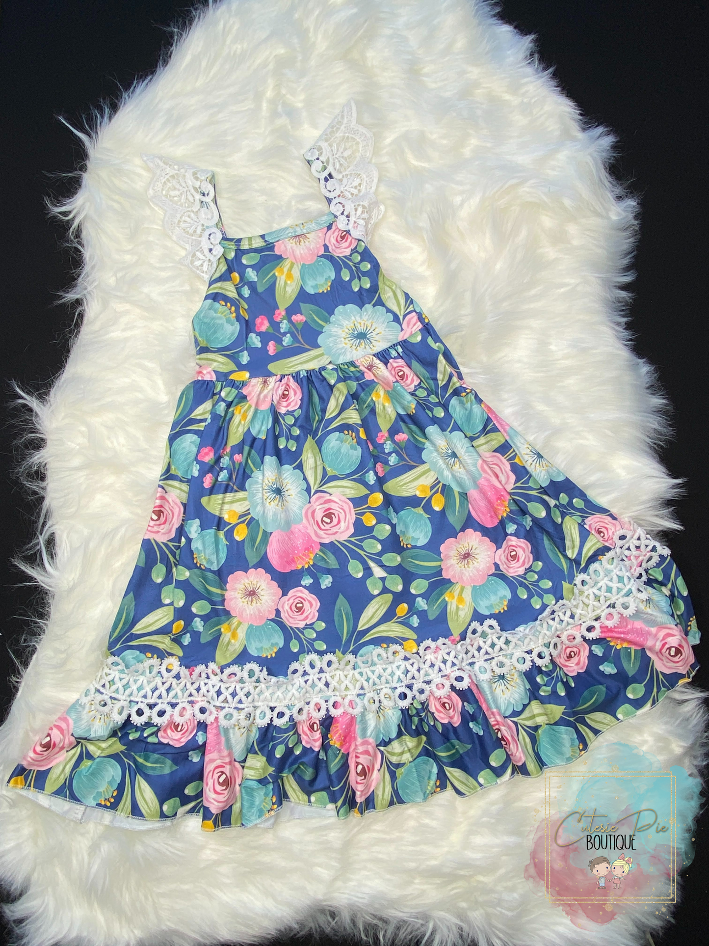 Girls Blue Floral & Lace Dress